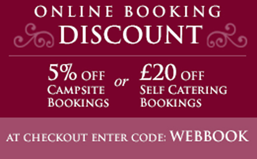 Online Booking Discount - 5% off Campsite Bookings or £20.00 off self catering bookings. At checkout enter code WEBBOOK. Book your canalside holiday.
